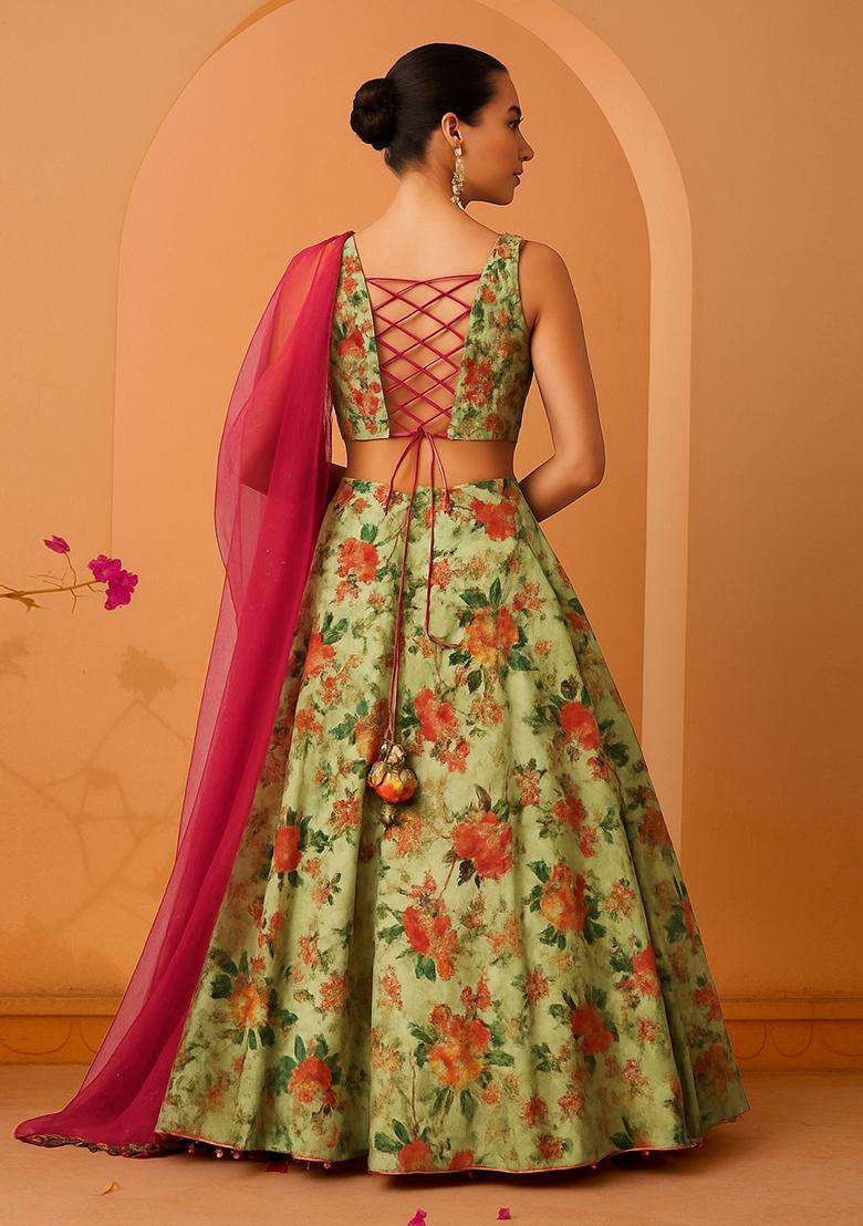 Green Printed Dola Silk Blend Lehenga Set - Indya