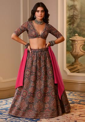 Pink Printed Dola Silk Blend Lehenga Set