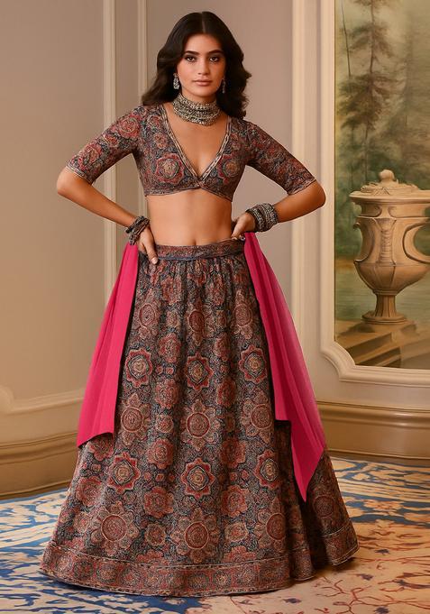 Pink Printed Dola Silk Blend Lehenga Set