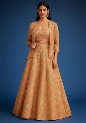 Brown Jacquard Brocade Lehenga Set