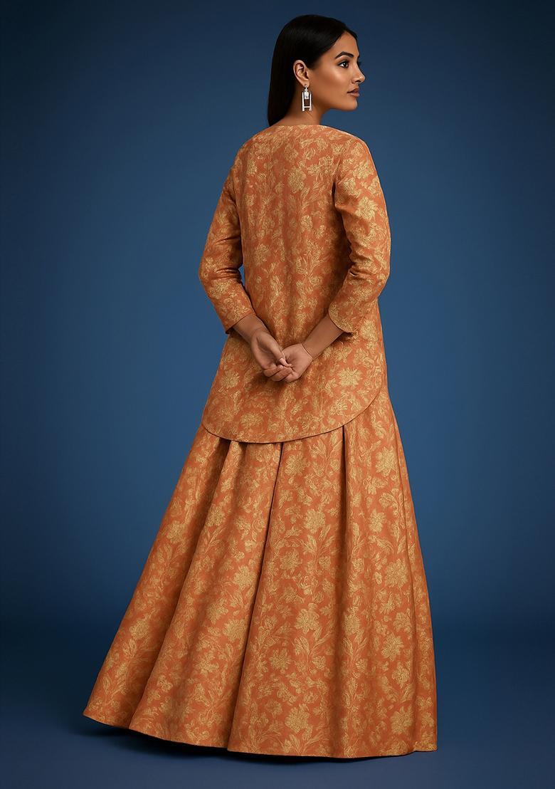 Brown Jacquard Brocade Lehenga Set - Indya