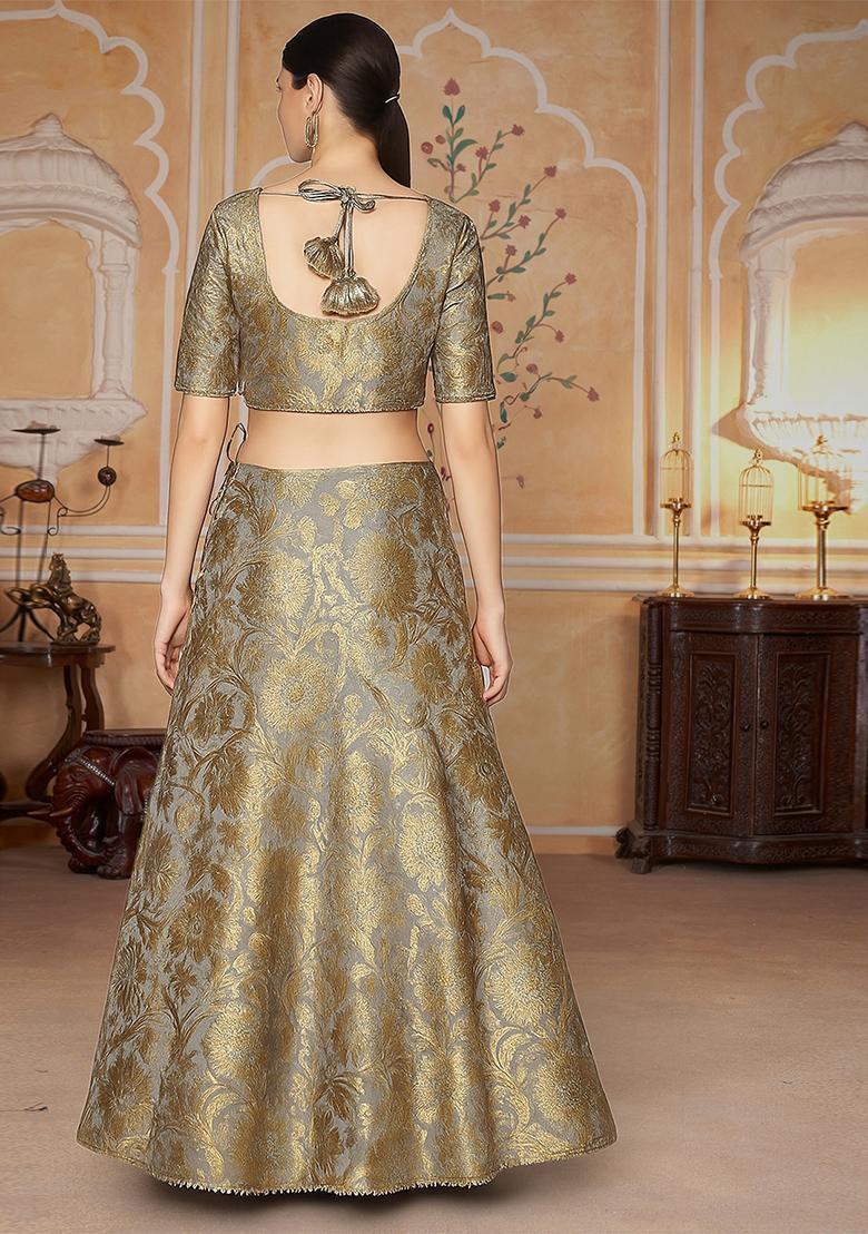 Grey Jacquard Brocade Lehenga Set - Indya