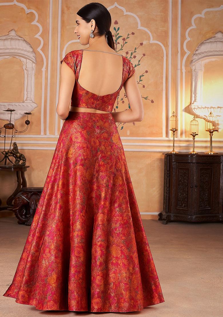 Orange Jacquard Brocade Lehenga Set - Indya