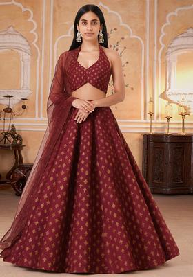 Brown Jacquard Brocade Lehenga Set