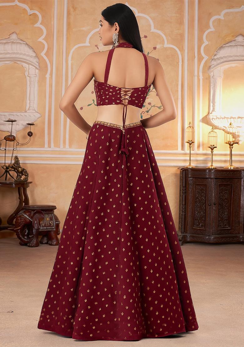 Brown Jacquard Brocade Lehenga Set - Indya