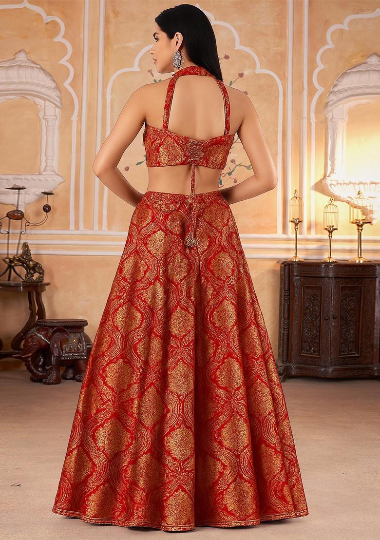 Red Jacquard Brocade Lehenga Set - Indya