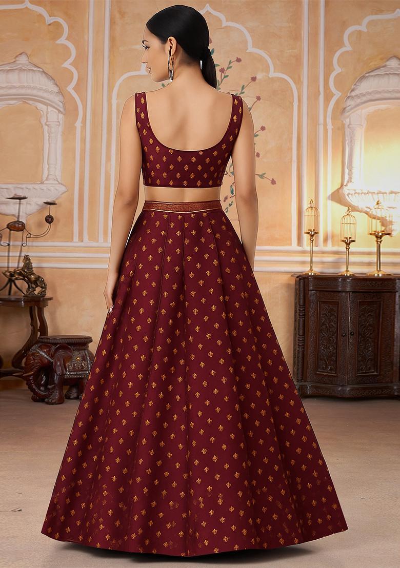 Brown Jacquard Brocade Lehenga Set - Indya