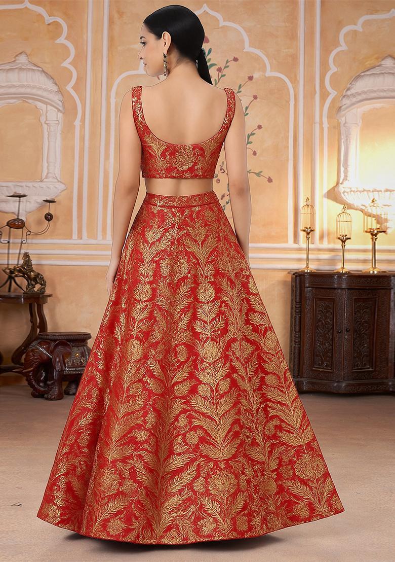 Red Jacquard Brocade Lehenga Set - Indya