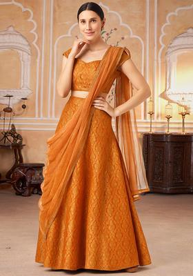Orange Jacquard Brocade Lehenga Set
