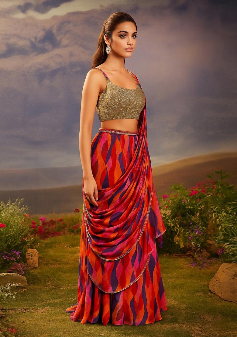Multicolor Printed Chiffon Pre Draped Saree Set - Indya