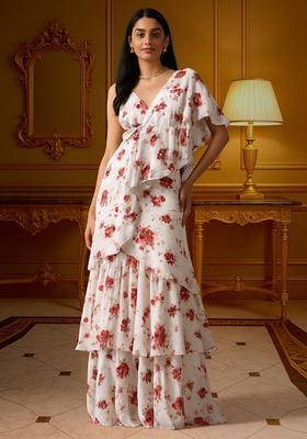 White Printed Chiffon Pre Draped Saree Set