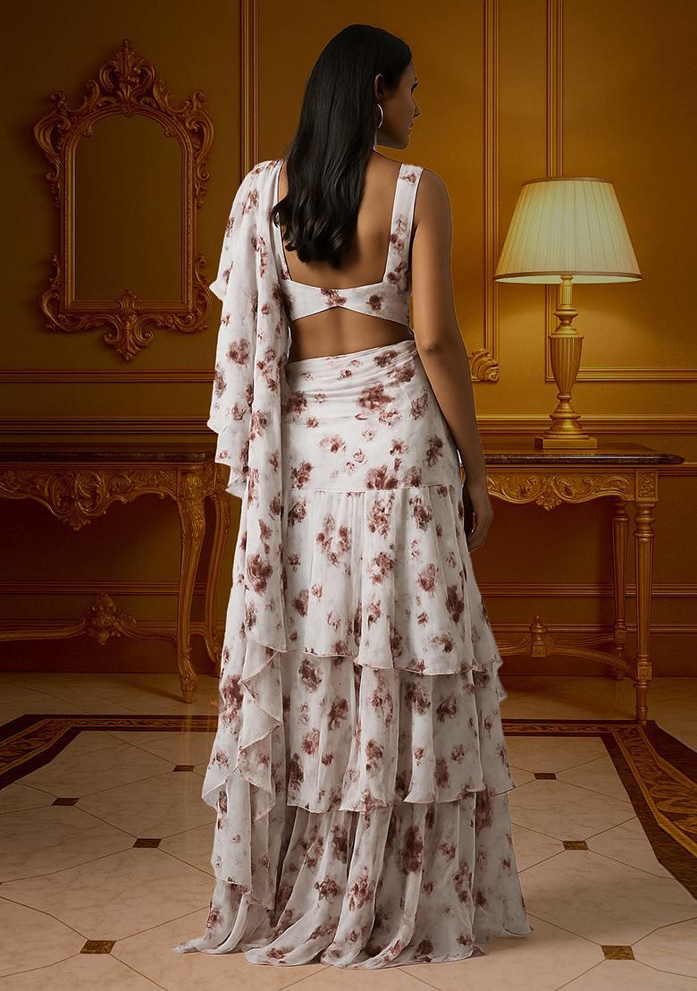White Printed Chiffon Pre Draped Saree Set - Indya