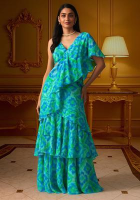 Blue Printed Chiffon Pre Draped Saree Set