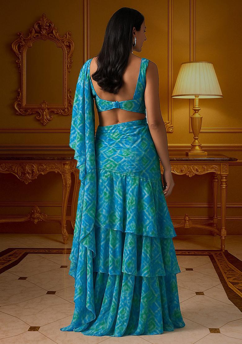 Blue Printed Chiffon Pre Draped Saree Set - Indya