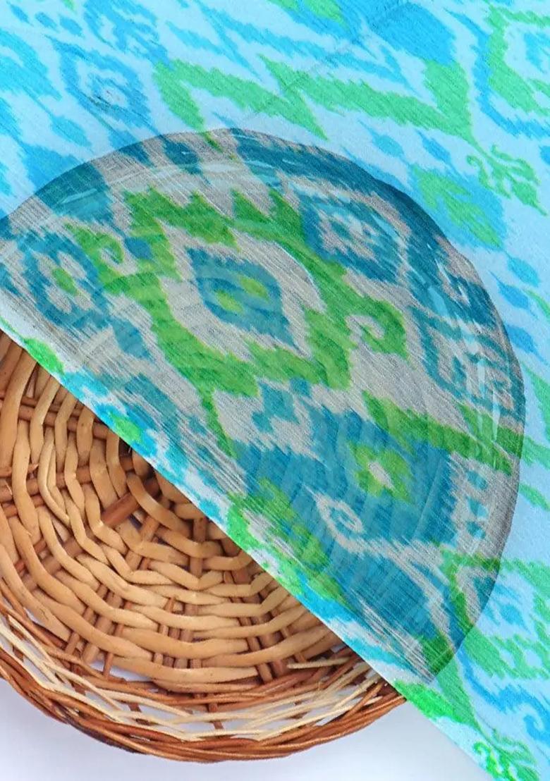 Blue Printed Chiffon Pre Draped Saree Set - Indya