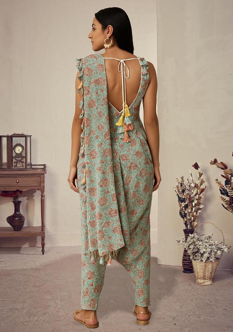 Mint Green Printed Polyester Fusion Set - Indya
