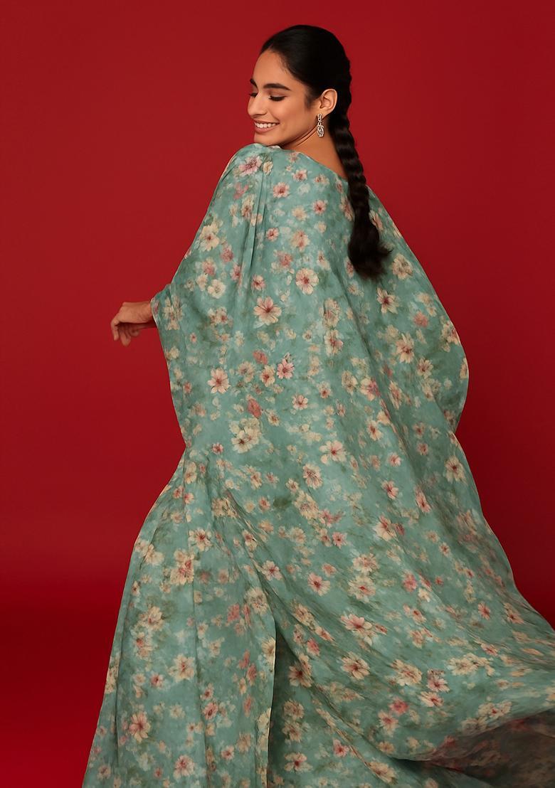 Teal Green Printed Polyester Fusion Set - Indya