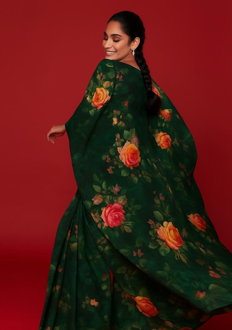 Dark Green Printed Polyester Fusion Set - Indya