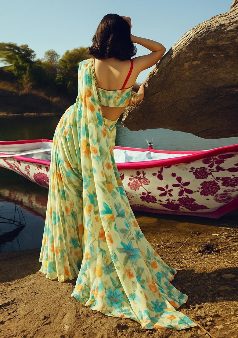 Light Yellow Printed Chiffon Fusion Set - Indya