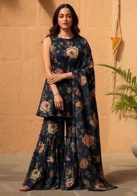 Deep Blue Floral Print Polyester Sharara Set