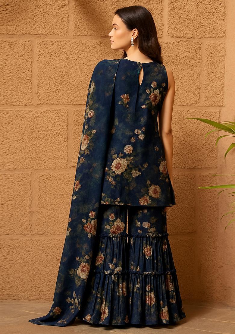 Deep Blue Floral Print Polyester Sharara Set - Indya