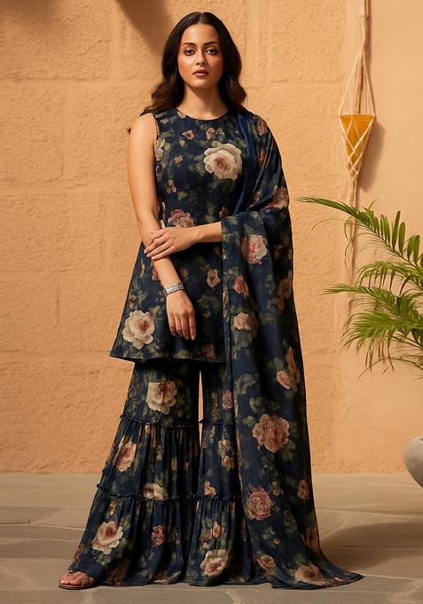 Deep Blue Floral Print Polyester Sharara Set