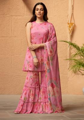Pink Floral Print Polyester Sharara Set