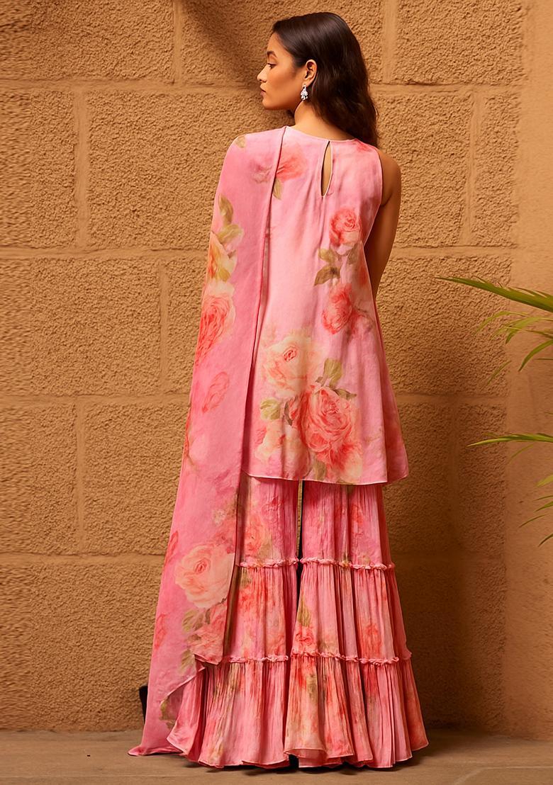 Pink Floral Print Polyester Sharara Set - Indya