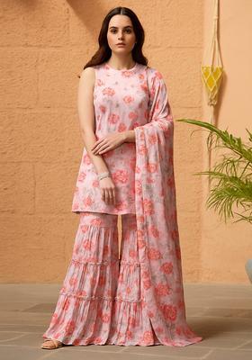 Lavender Floral Print Polyester Sharara Set