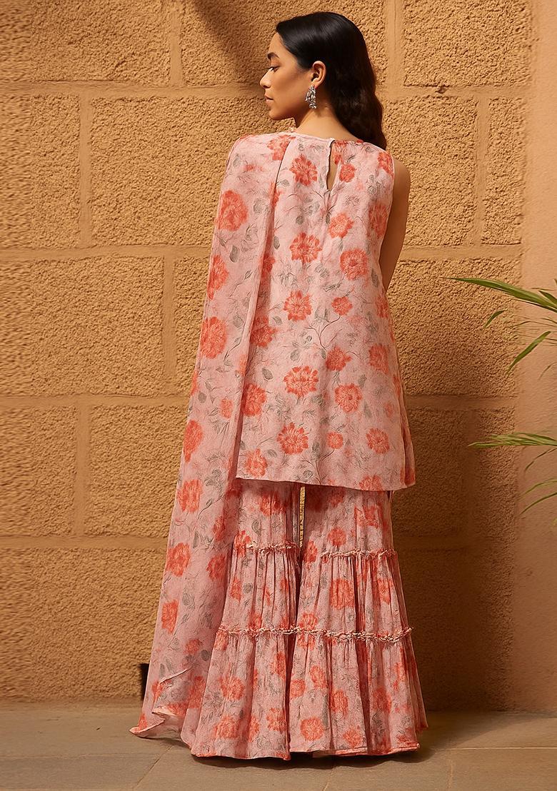 Lavender Floral Print Polyester Sharara Set - Indya
