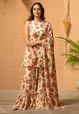 Cream Floral Print Polyester Sharara Set