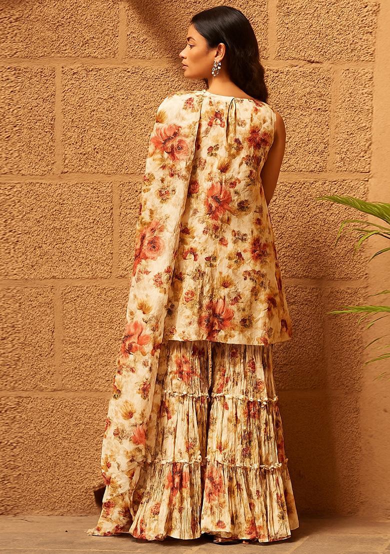 Cream Floral Print Polyester Sharara Set - Indya