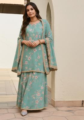 Teal Green Floral Print Polyester Sharara Set