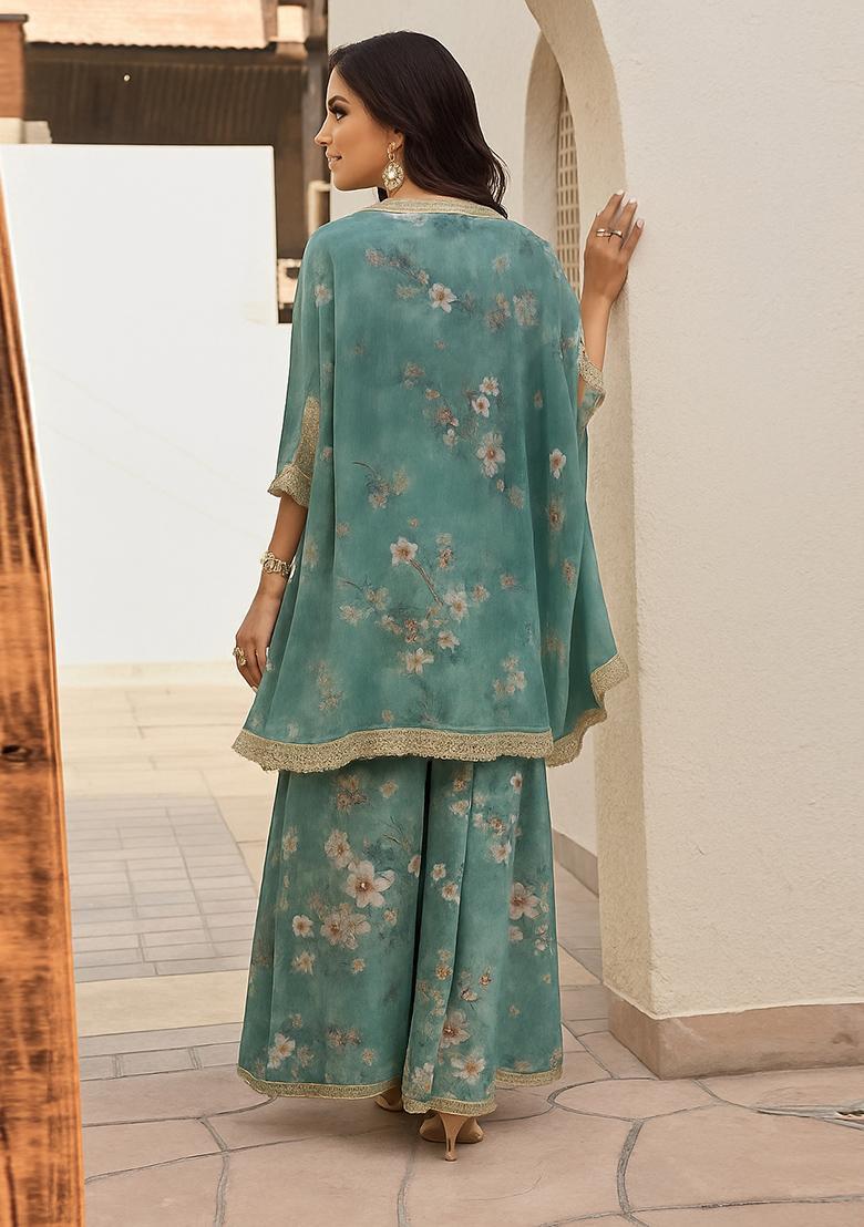 Teal Green Floral Print Polyester Sharara Set - Indya