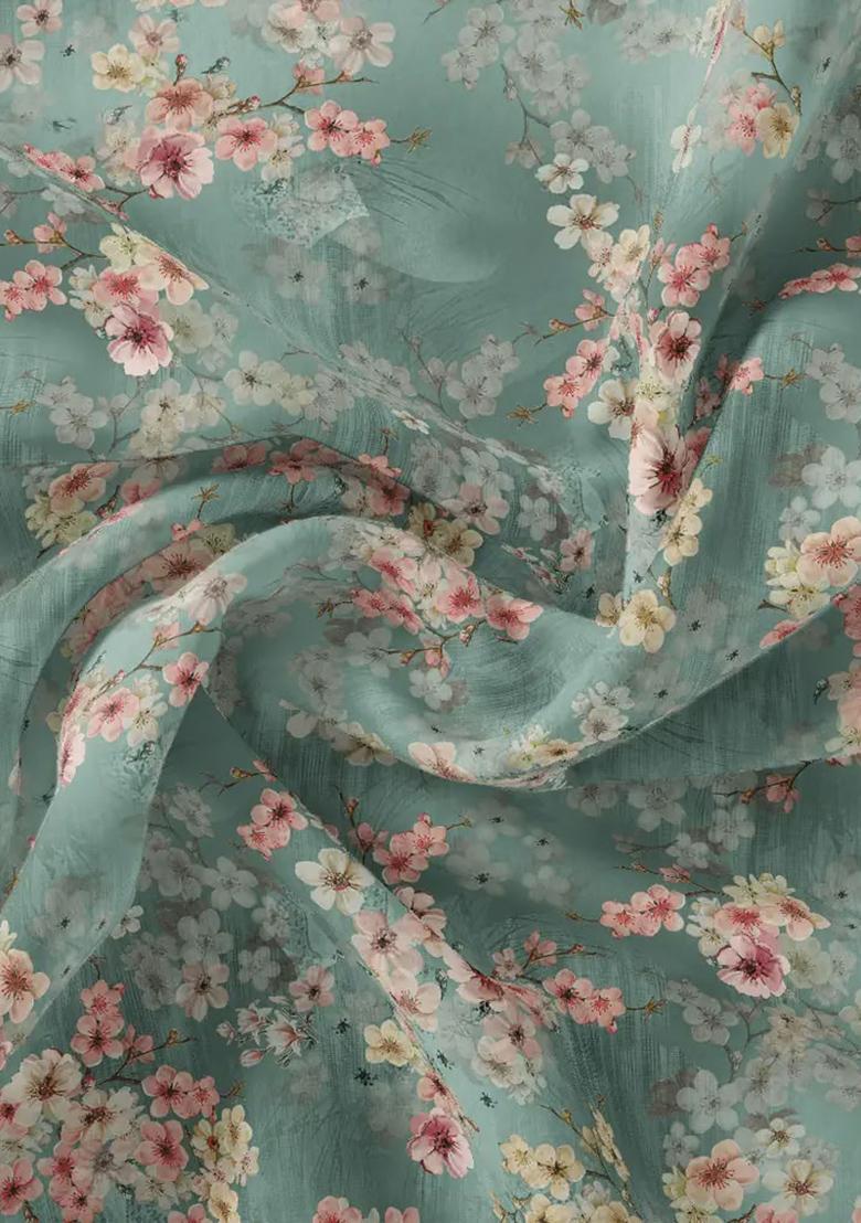 Teal Green Floral Print Polyester Sharara Set - Indya