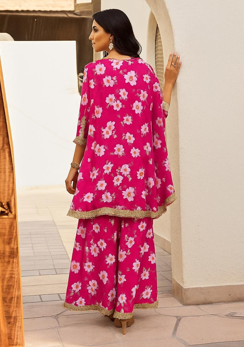 Pink Floral Print Polyester Pakistani Suit Set - Indya