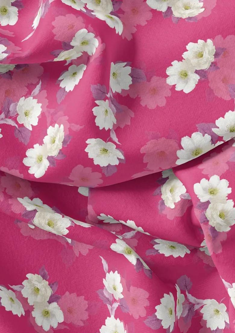 Pink Floral Print Polyester Pakistani Suit Set - Indya