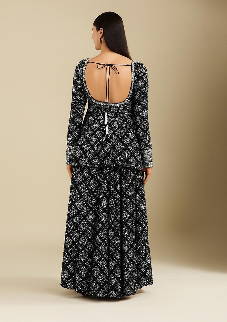 Black Embroidered Polyester Sharara Set - Indya