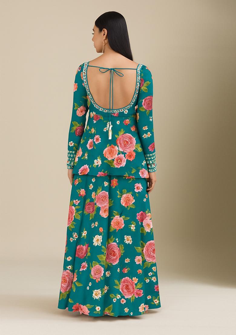 Teal Blue Embroidered Polyester Sharara Set - Indya
