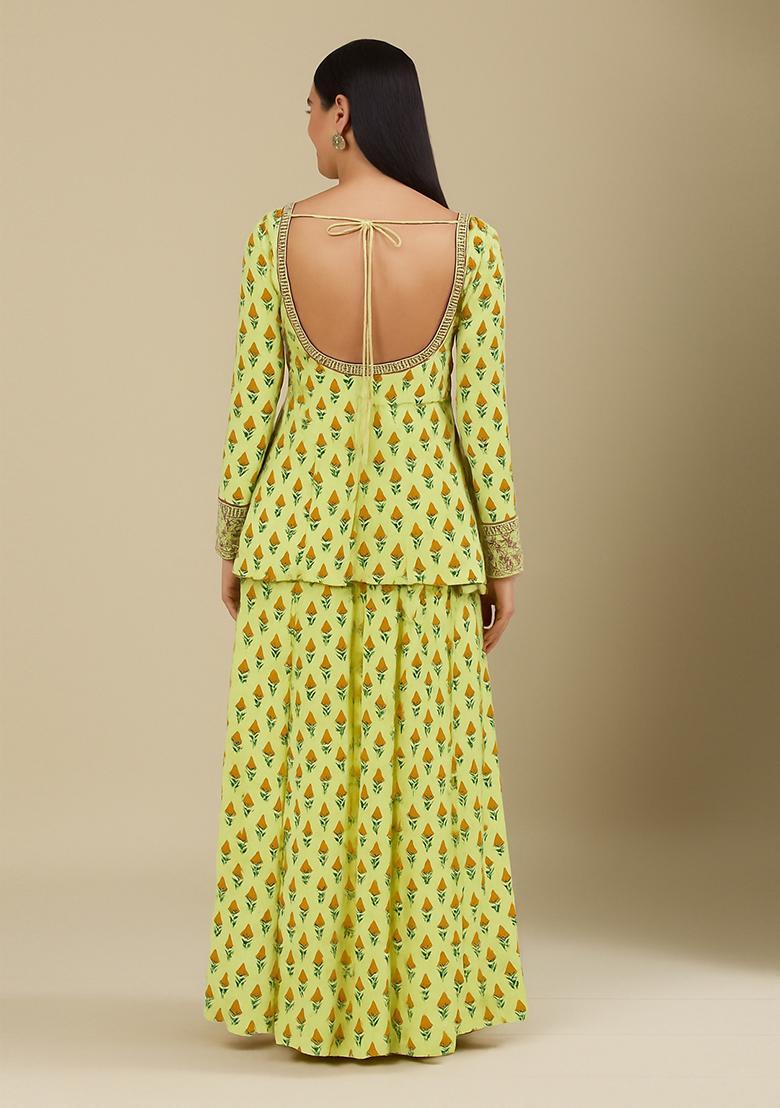 Yellow Floral Print Polyester Sharara Set - Indya