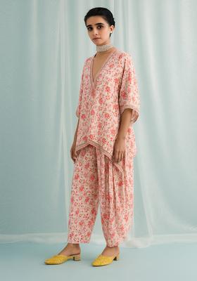 Pink Floral Print Polyester Co Ord Set