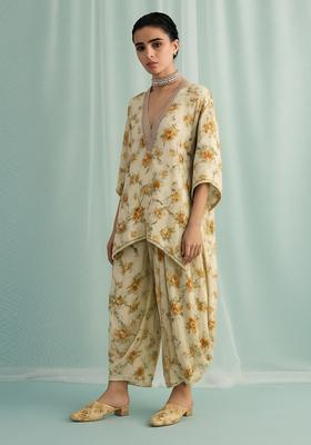 Beige Floral Print Polyester Co Ord Set