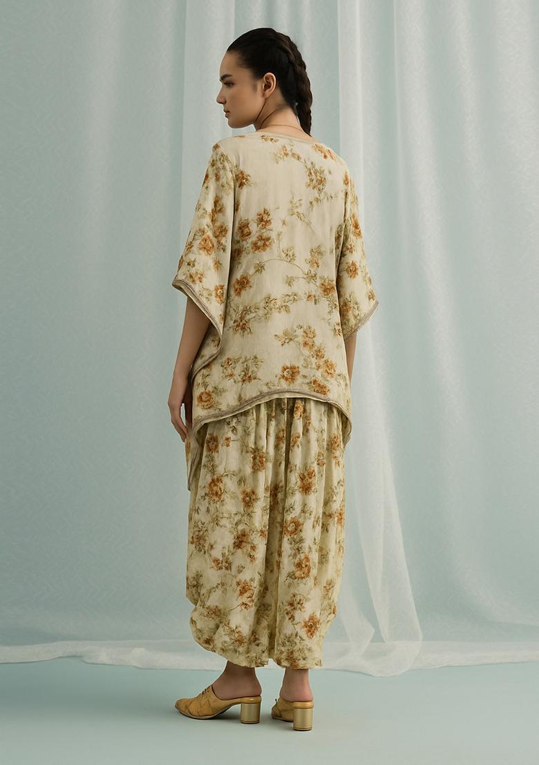 Beige Floral Print Polyester Co Ord Set - Indya