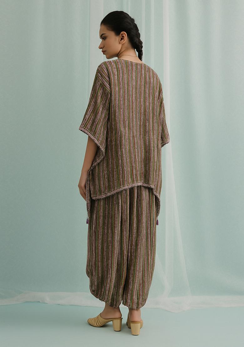 Grey Striped Polyester Co Ord Set - Indya