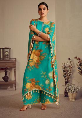 Teal Green Printed Satin Kurta Set