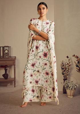 White Floral Print Satin Sharara Set
