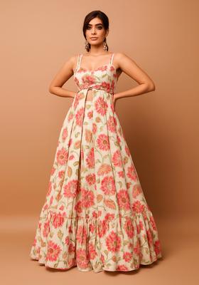 Beige Printed Chiffon Lehenga Set