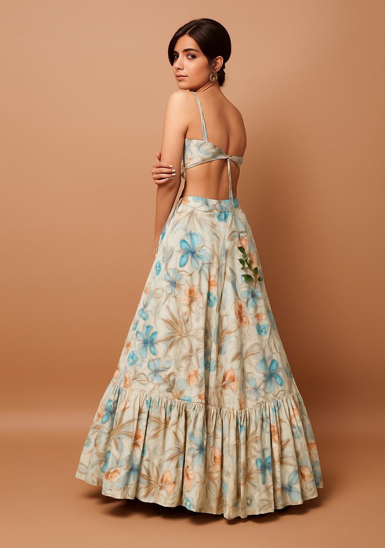 Light Yellow Printed Chiffon Lehenga Set - Indya