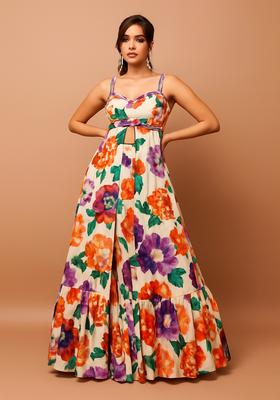 Off White Printed Chinon Lehenga Set