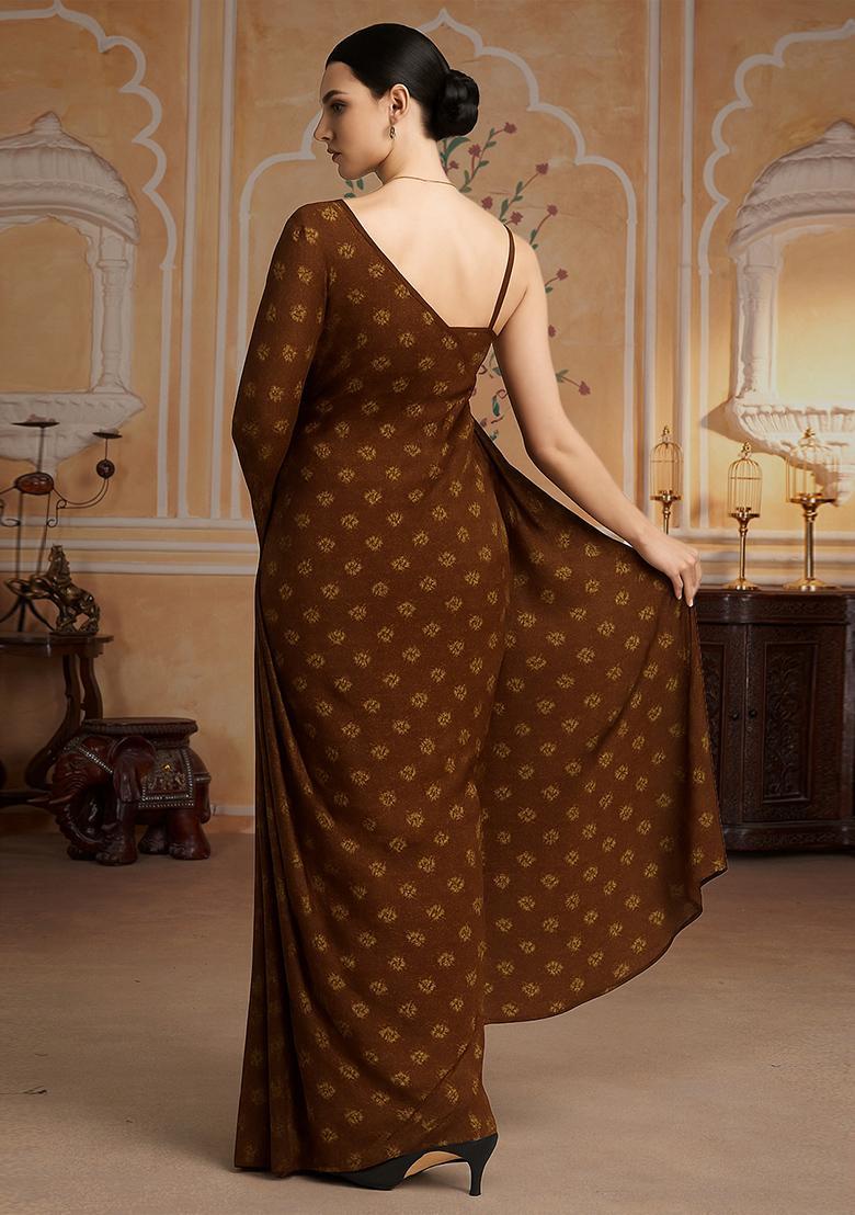 Deep Brown Printed Pre Draped Saree Set - Indya